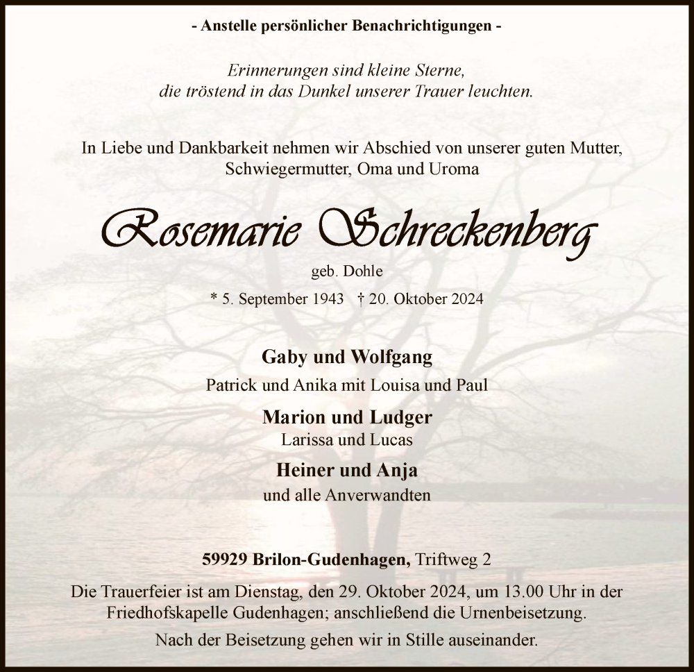  Traueranzeige für Rosemarie Schreckenberg vom 26.10.2024 aus WA