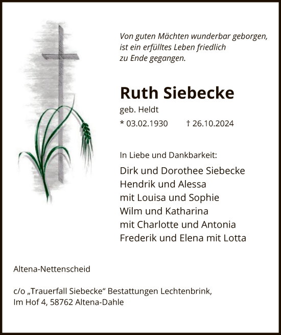 Traueranzeige von Ruth Siebecke von WA