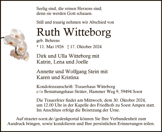 Traueranzeige von Ruth Witteborg von WA