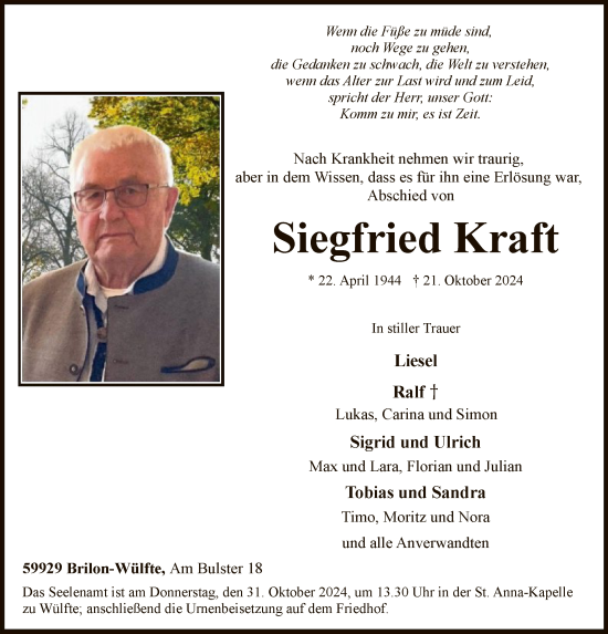 Traueranzeige von Siegfried Kraft von WA