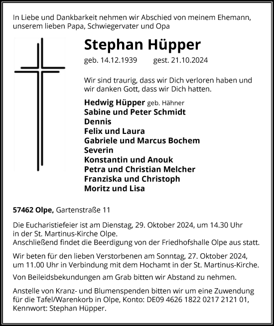 Traueranzeige von Stephan Hüpper von WA