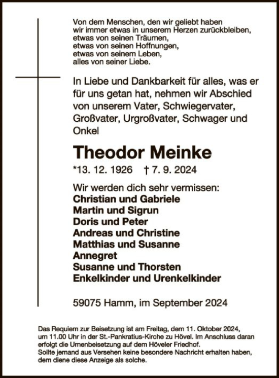 Traueranzeige von Theodor Meinke von WA