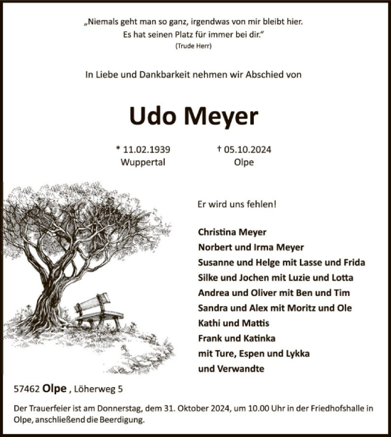 Traueranzeige von Udo Meyer von WA