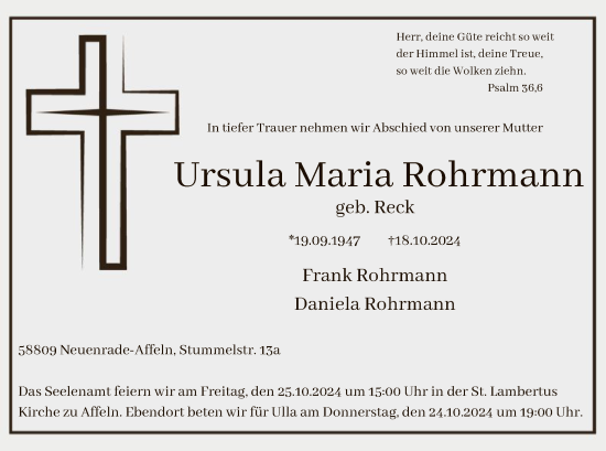 Traueranzeige von Ursula Maria Rohrmann von WA