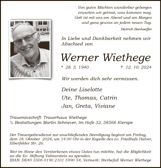 Traueranzeige von Werner Wiethege von WA