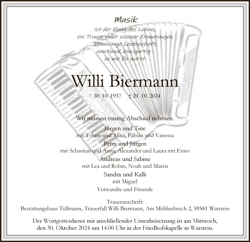  Traueranzeige für Willi Biermann vom 24.10.2024 aus WA