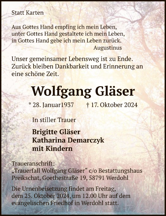 Traueranzeige von Wolfgang Gläser von WA