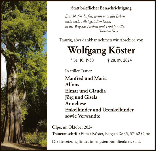 Traueranzeige von Wolfgang Köster von WA