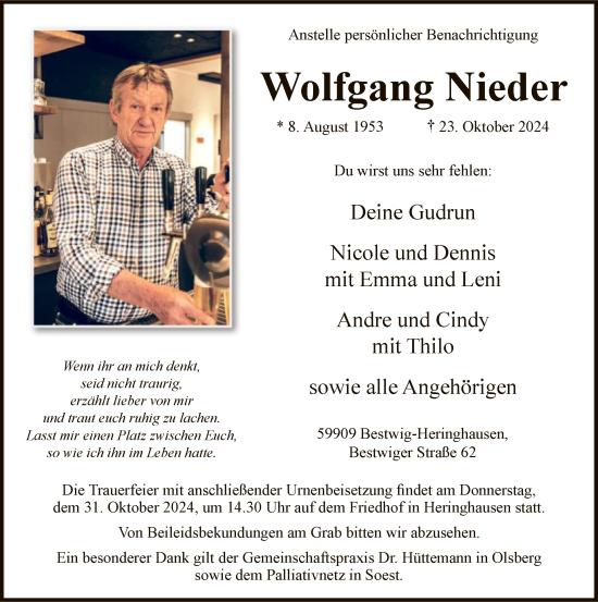 Traueranzeige von Wolfgang Nieder von WA