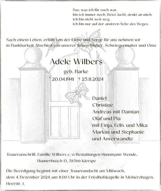 Traueranzeige von Adele Wilbers von WA