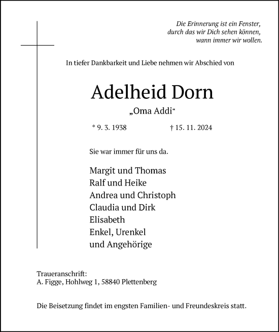 Traueranzeige von Adelheid Dorn von WA