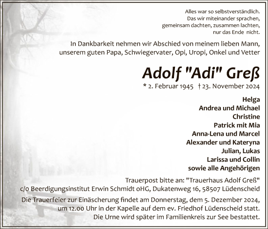 Traueranzeige von Adolf Greß von WA