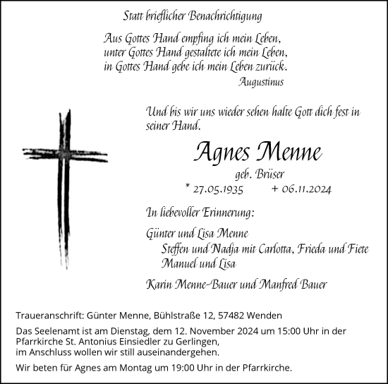 Traueranzeige von Agnes Menne von WA