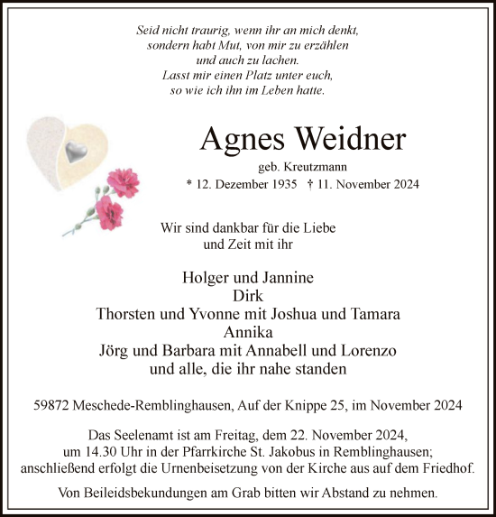 Traueranzeige von Agnes Weidner von WA