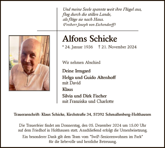 Traueranzeige von Alfons Schicke von WA