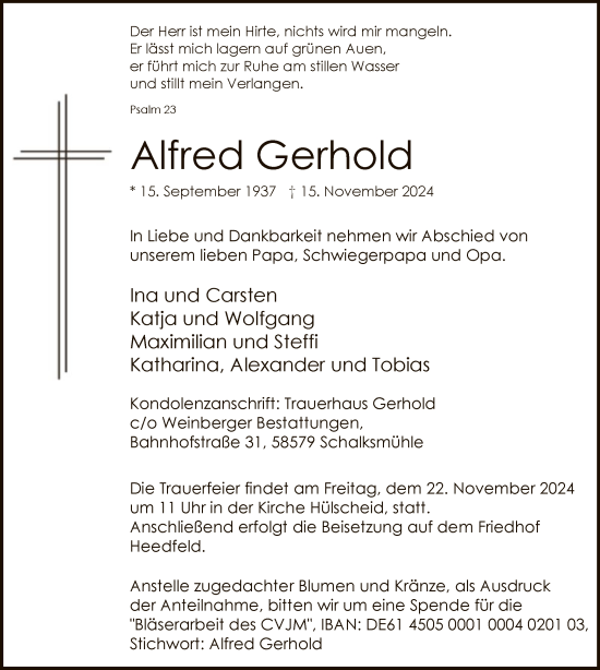 Traueranzeige von Alfred Gerhold von WA