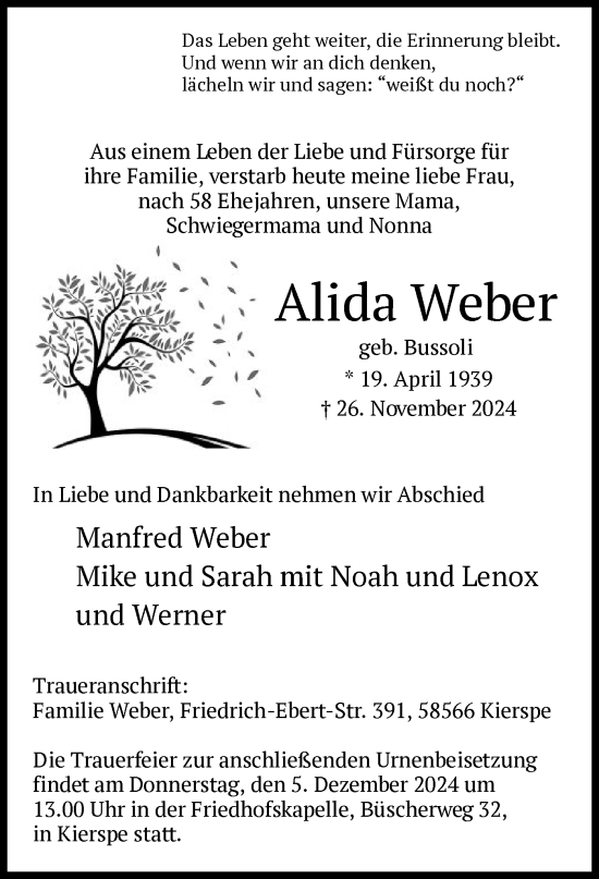 Traueranzeige von Alida Weber von WA