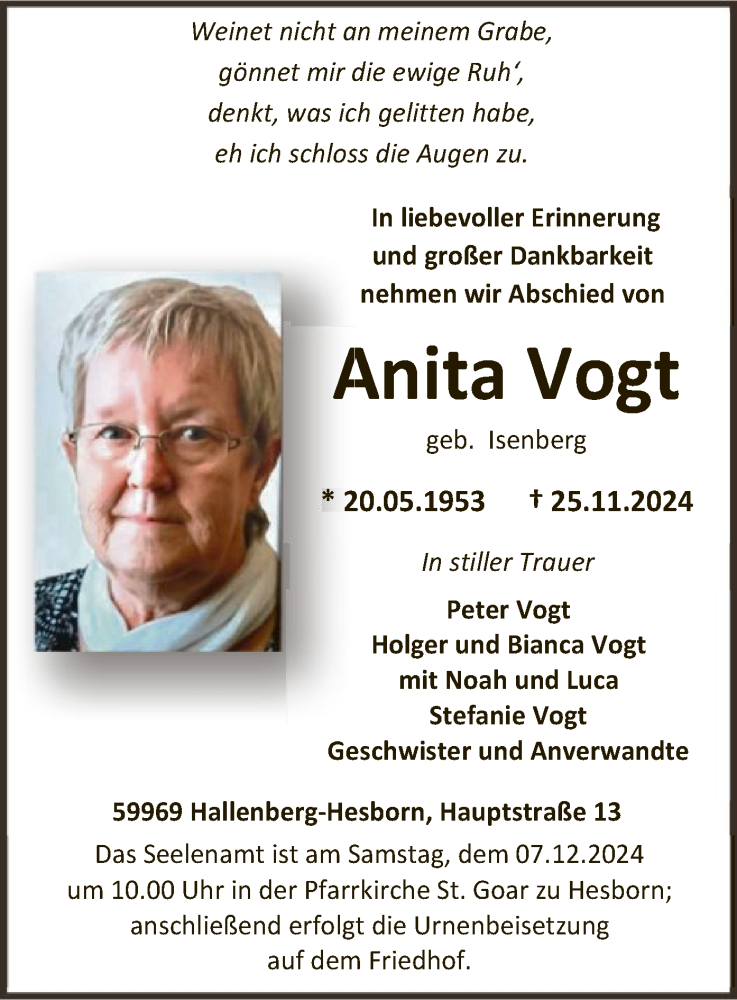  Traueranzeige für Anita Vogt vom 30.11.2024 aus WA
