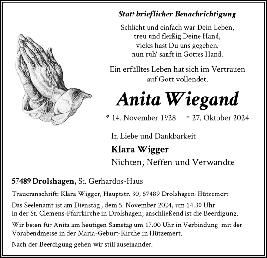 Traueranzeige von Anita Wiegand von WA