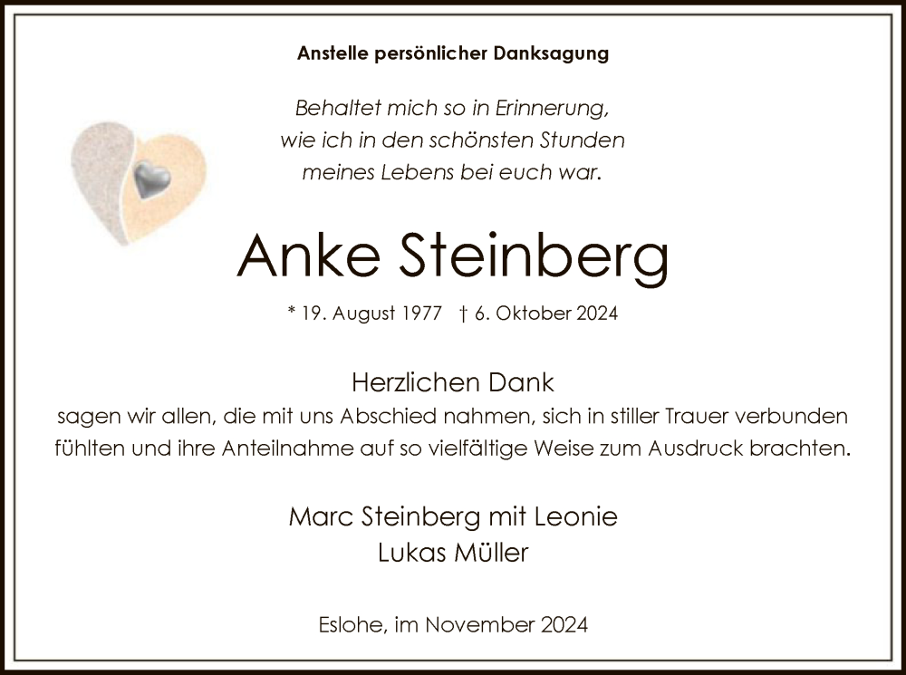  Traueranzeige für Anke Steinberg vom 09.11.2024 aus WA