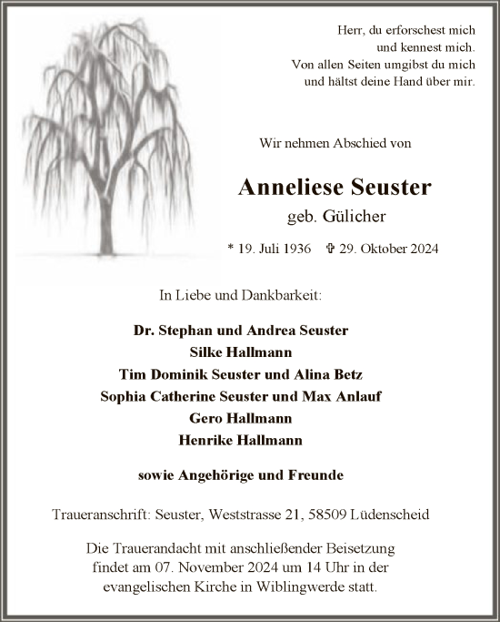 Traueranzeige von Anneliese Seuster von WA