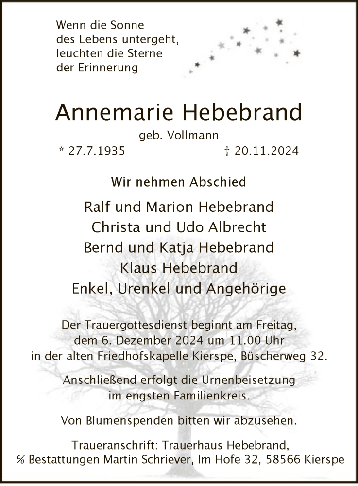  Traueranzeige für Annemarie Hebebrand vom 30.11.2024 aus WA