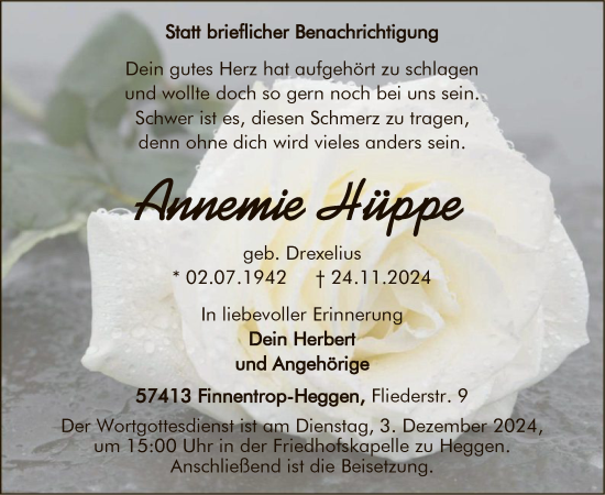 Traueranzeige von Annemie Hüppe von WA