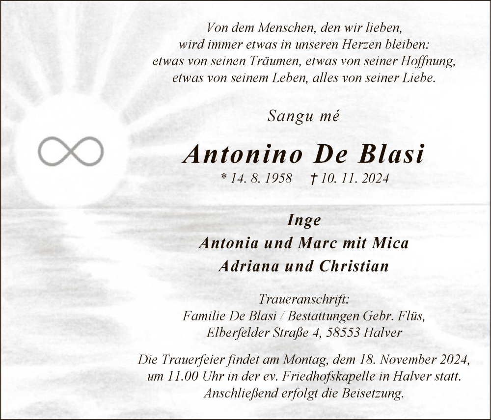  Traueranzeige für Antonino De Blasi vom 15.11.2024 aus WA