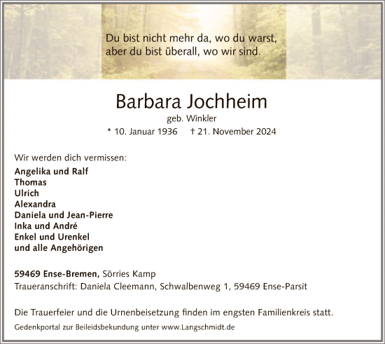 Traueranzeige von Barbara Jochheim von WA