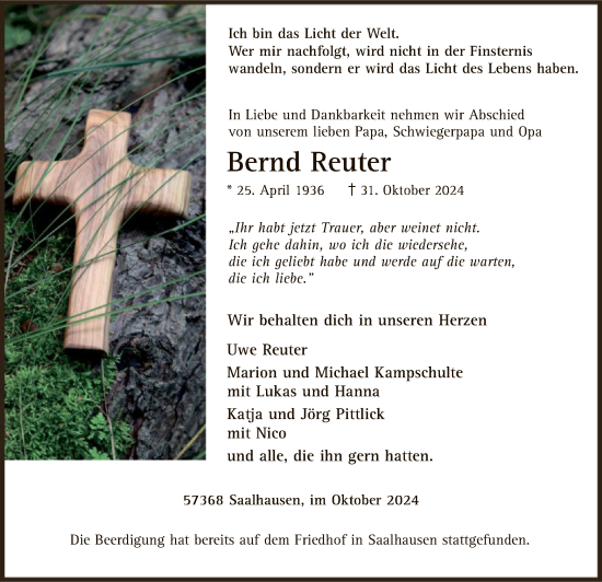 Traueranzeige von Bernd Reuter von WA