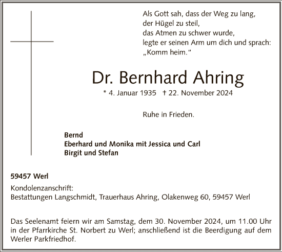 Traueranzeige von Bernhard Ahring von WA