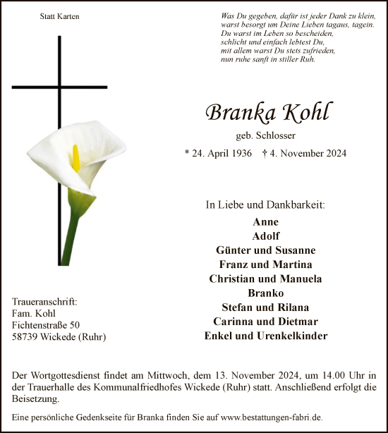 Traueranzeige von Branka Kohl von WA