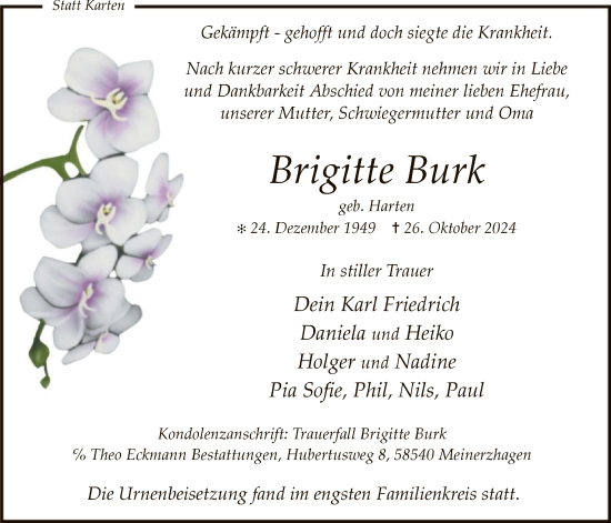 Traueranzeige von Brigitte Burk von WA