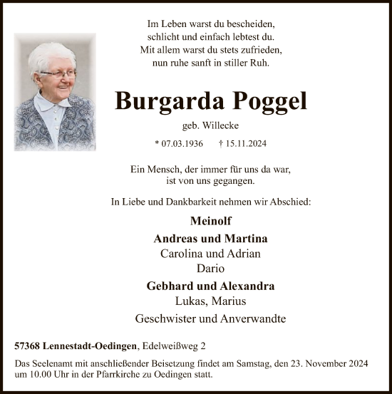 Traueranzeige von Burgarda Poggel von WA