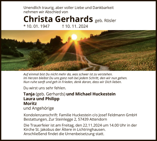 Traueranzeige von Christa Gerhards von WAWA