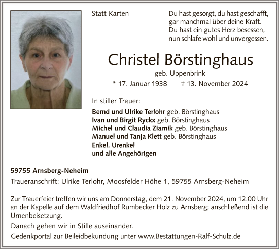 Traueranzeige von Christel Börstinghaus von WA