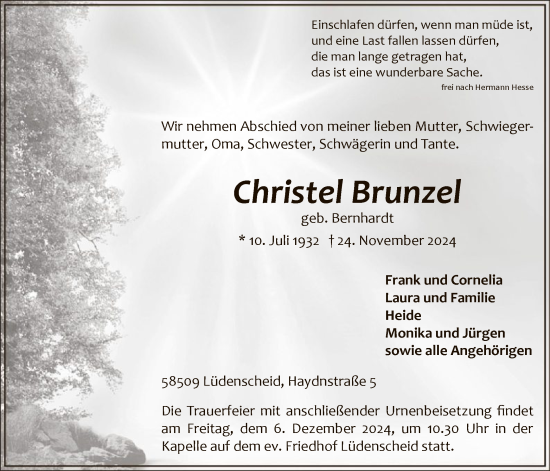 Traueranzeige von Christel Brunzel von WA