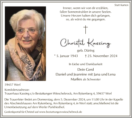 Traueranzeige von Christel Kassing von WA
