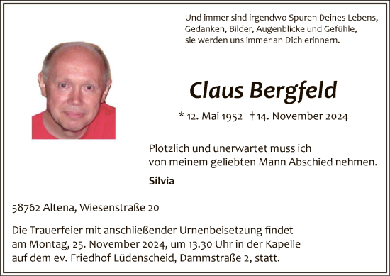 Traueranzeige von Claus Bergfeld von WA