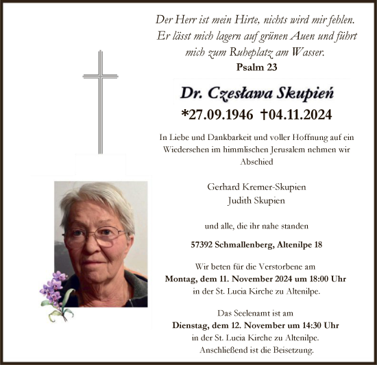 Traueranzeige von Czeslawa Skupien von WA