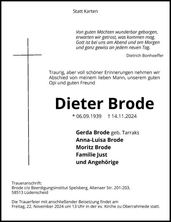 Traueranzeige von Dieter Brode von WA