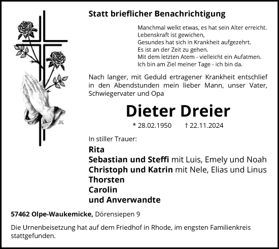 Traueranzeige von Dieter Dreier von WA
