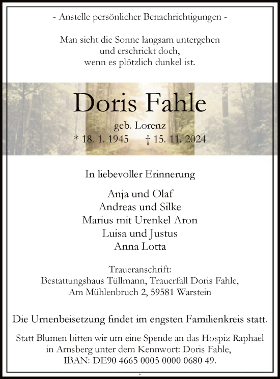 Traueranzeige von Doris Fahle von WA