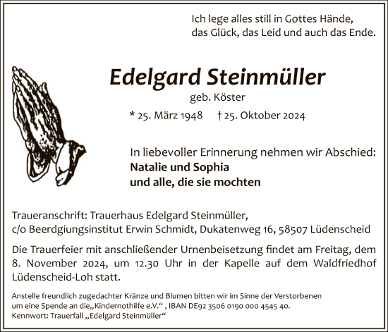 Traueranzeige von Edelgard Steinmüller von WA