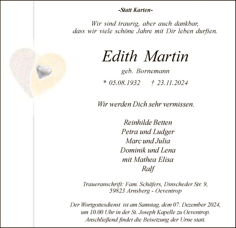  Traueranzeige für Edith Martin vom 30.11.2024 aus WA