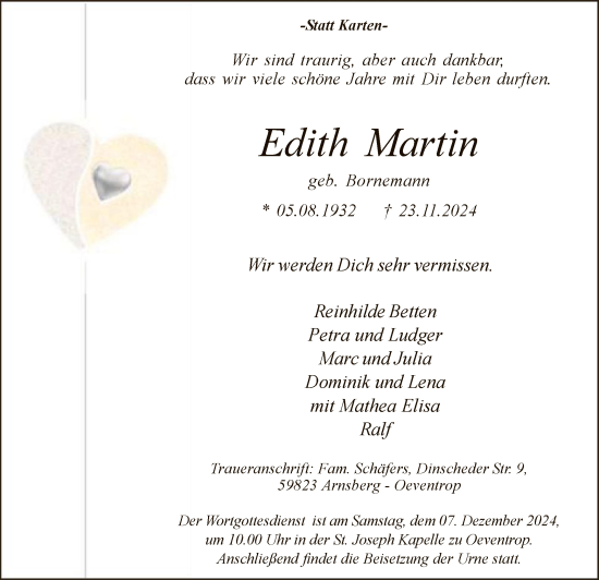Traueranzeige von Edith Martin von WA