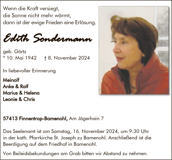 Traueranzeige von Edith Sondermann von WA