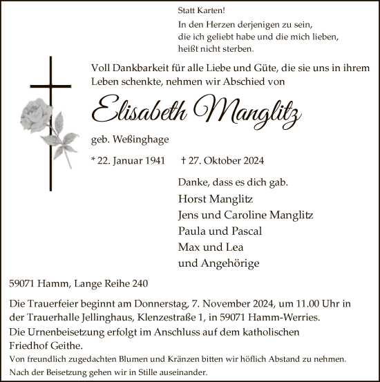 Traueranzeige von Elisabeth Manglitz von WA