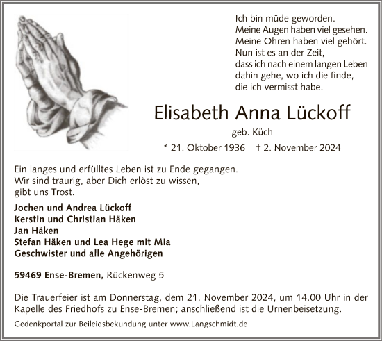 Traueranzeige von Elisabeth Anna Lückoff von WA