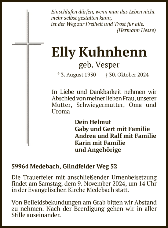 Traueranzeige von Elly Kuhnhenn von WA